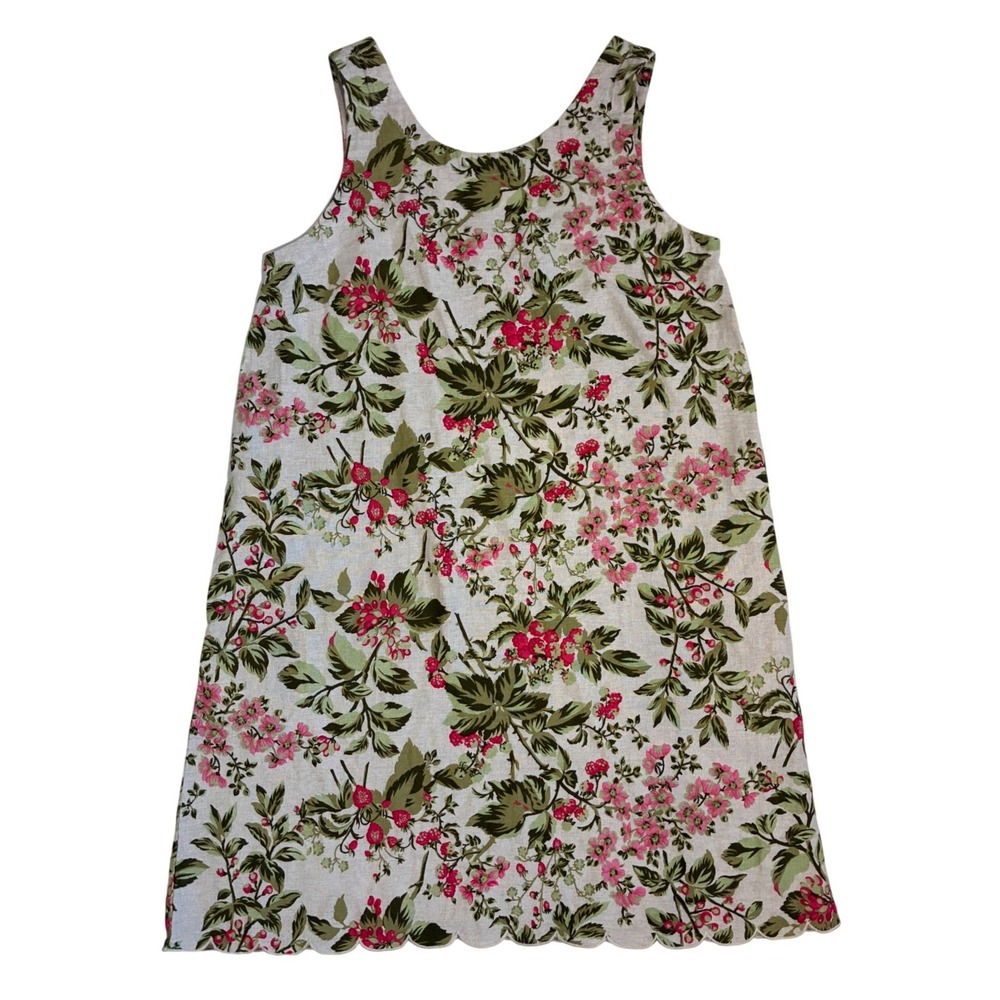 Laura Ashley Linen Blend Floral Shift Dress Scalloped Hem Pink Green M - Picture 10 of 13